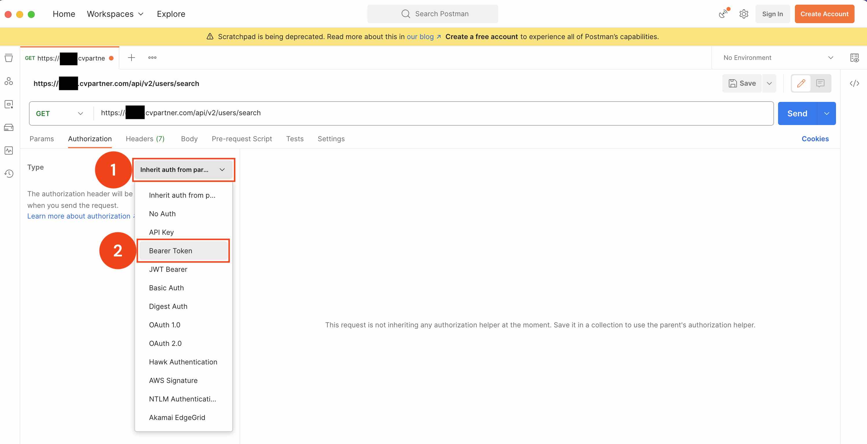 Postman Authorization panel with the auth type dropdown open and 'Bearer Token' in the list