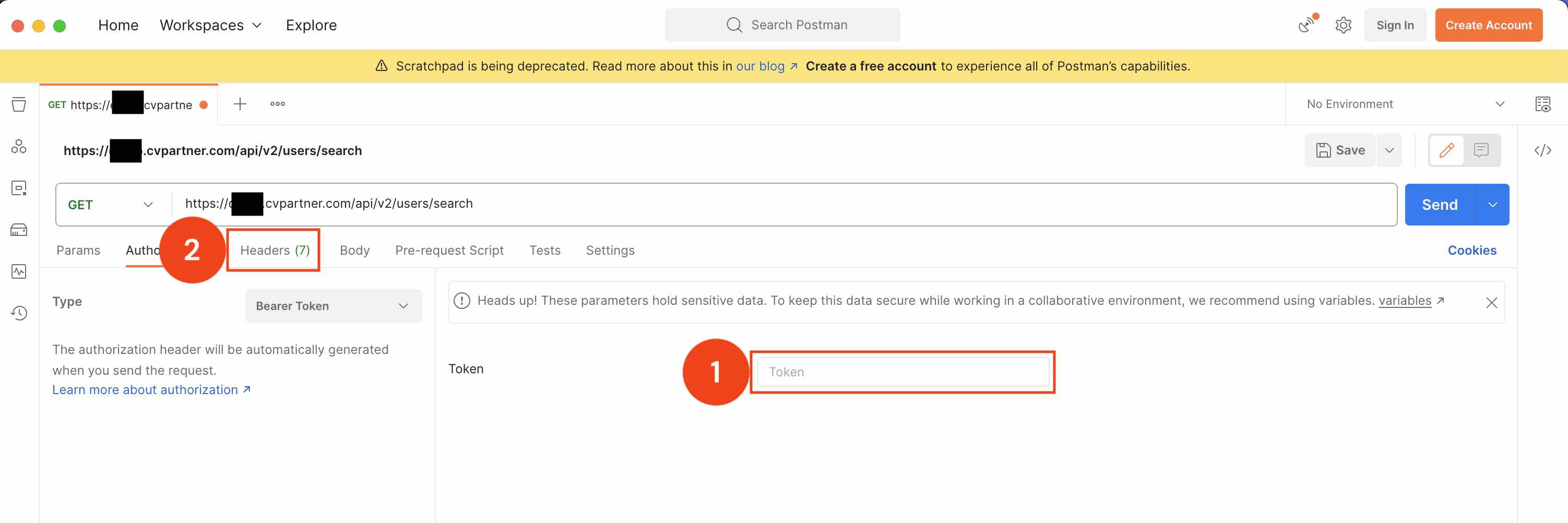 Postman Token panel with an API token in the Token field and the Headers tab selected