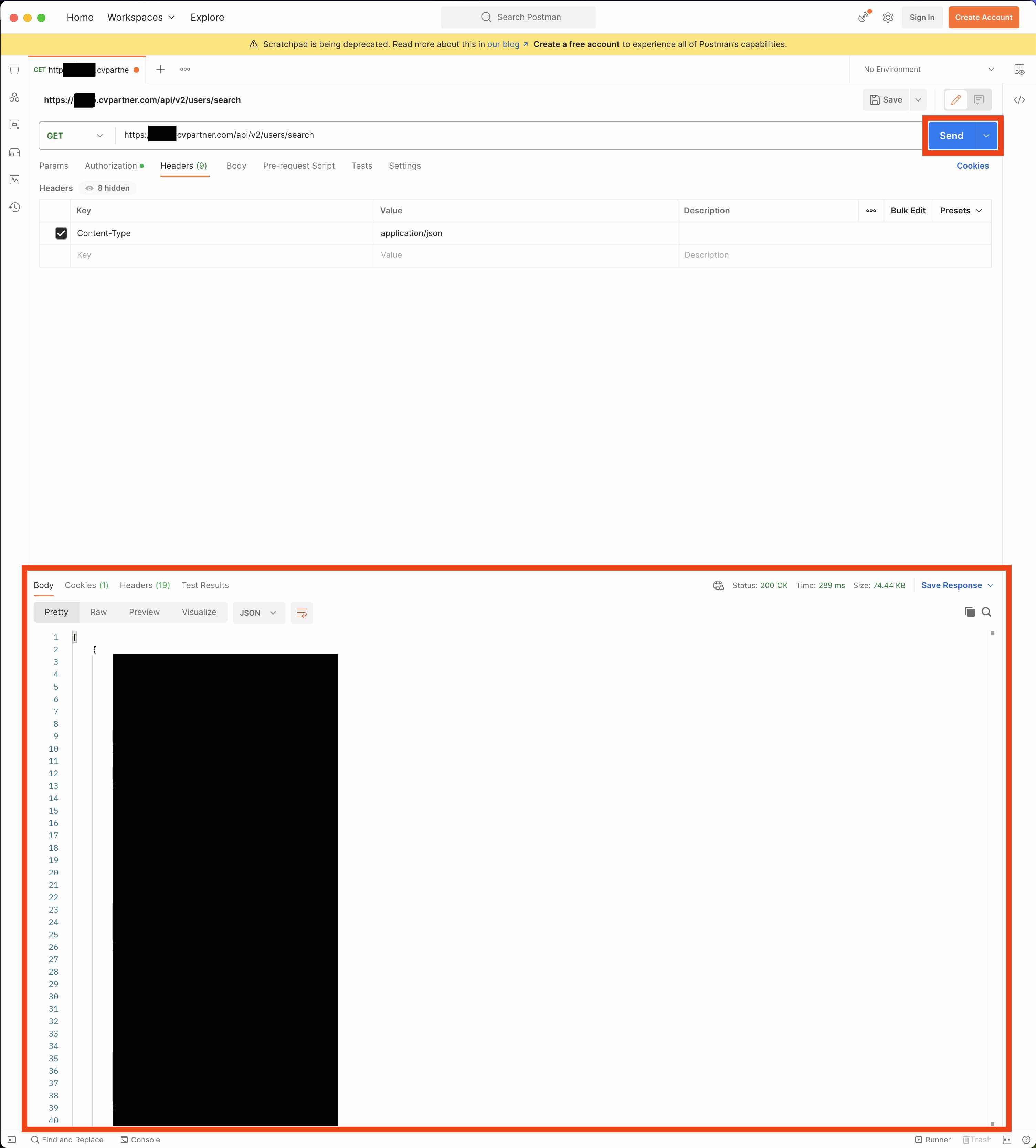 Postman response panel showing the JSON list of users returned by the request